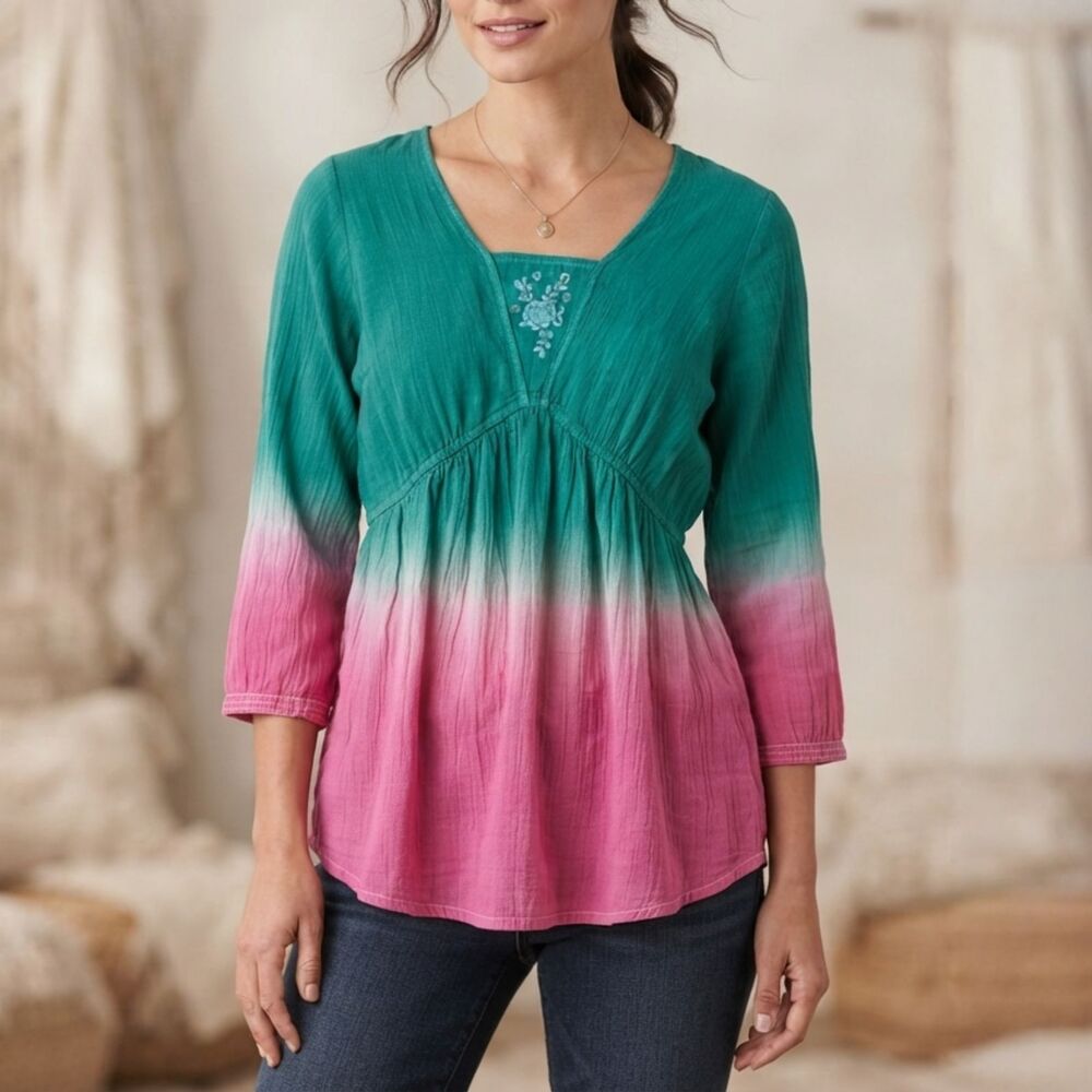 April Cornell Ombre Dip Dye Embroidered V Neck 100% cotton Peasant Tunic Top XXS